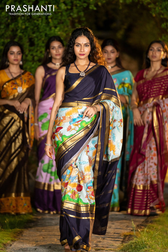 Pure mysore silk saree pastel blue and navy blue with pichwai prints and rettapet zari woven border