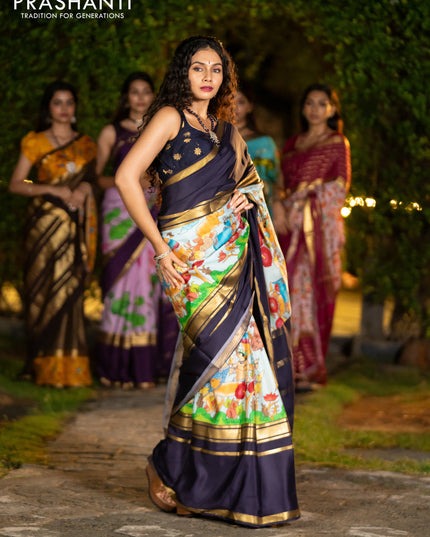 Pure mysore silk saree pastel blue and navy blue with pichwai prints and rettapet zari woven border