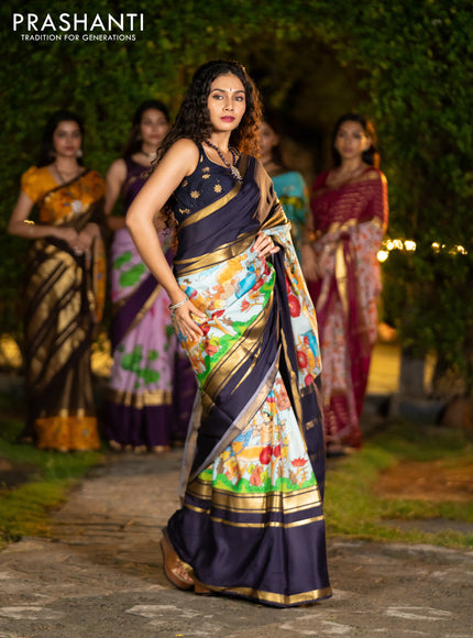 Pure mysore silk saree pastel blue and navy blue with pichwai prints and rettapet zari woven border