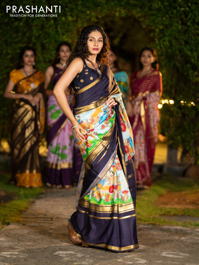 Pure mysore silk saree pastel blue and navy blue with pichwai prints and rettapet zari woven border