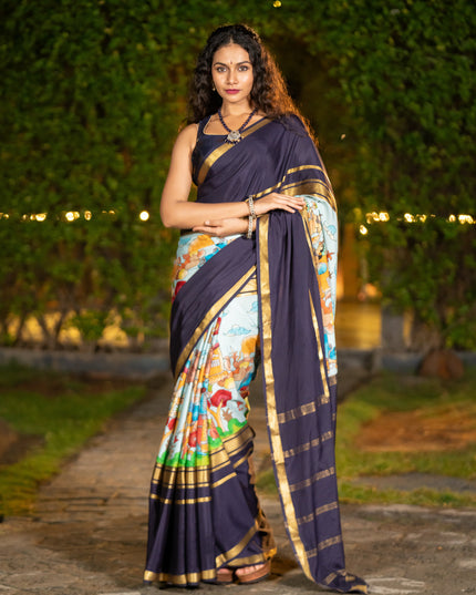 Pure mysore silk saree pastel blue and navy blue with pichwai prints and rettapet zari woven border