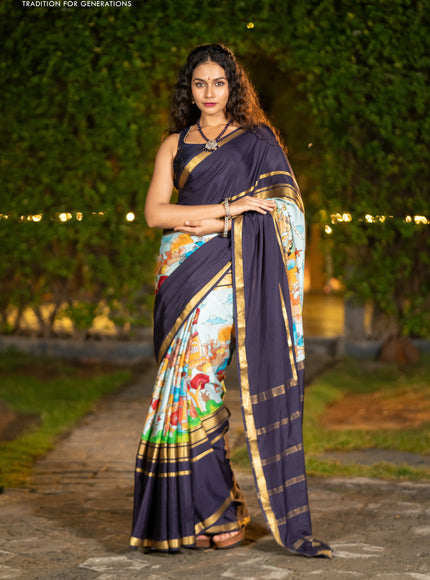 Pure mysore silk saree pastel blue and navy blue with pichwai prints and rettapet zari woven border