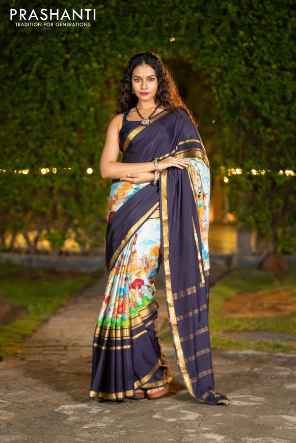 Pure mysore silk saree pastel blue and navy blue with pichwai prints and rettapet zari woven border