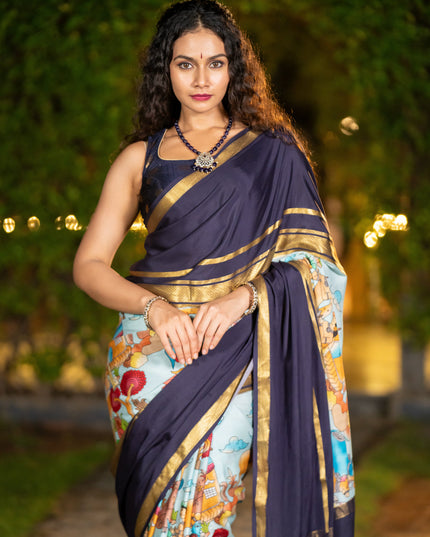 Pure mysore silk saree pastel blue and navy blue with pichwai prints and rettapet zari woven border