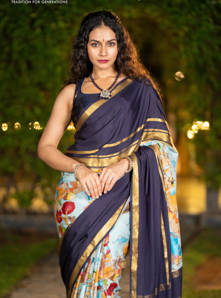 Pure mysore silk saree pastel blue and navy blue with pichwai prints and rettapet zari woven border