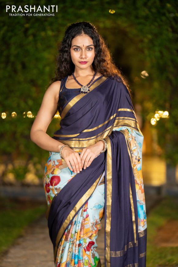 Pure mysore silk saree pastel blue and navy blue with pichwai prints and rettapet zari woven border