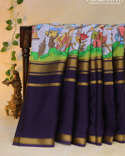 Pure mysore silk saree pastel blue and navy blue with pichwai prints and rettapet zari woven border