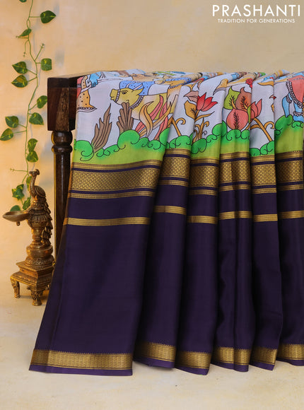 Pure mysore silk saree pastel blue and navy blue with pichwai prints and rettapet zari woven border