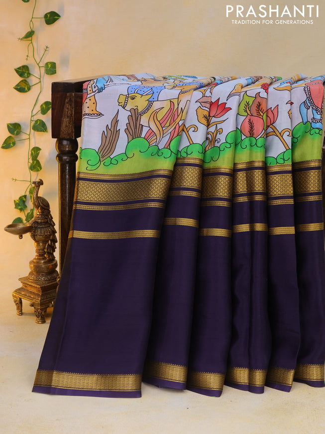 Pure mysore silk saree pastel blue and navy blue with pichwai prints and rettapet zari woven border