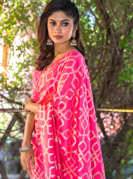 Munga tussar silk saree candy pink with allover banarasi zari weaves and gottapatti lace work border and readymade chikankari work blouse