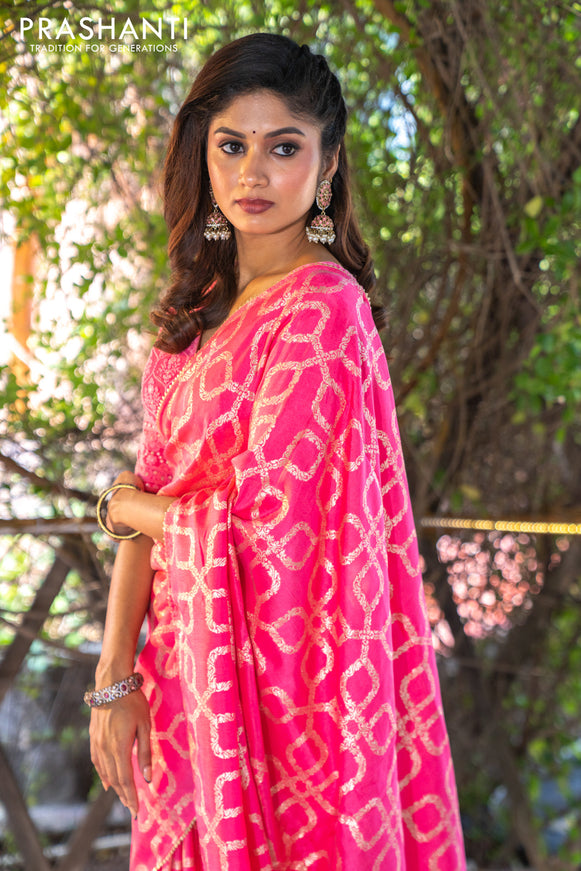 Munga tussar silk saree candy pink with allover banarasi zari weaves and gottapatti lace work border and readymade chikankari work blouse