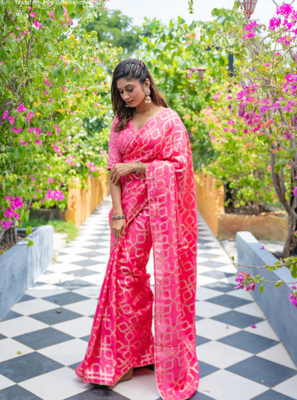 Munga tussar silk saree candy pink with allover banarasi zari weaves and gottapatti lace work border and readymade chikankari work blouse