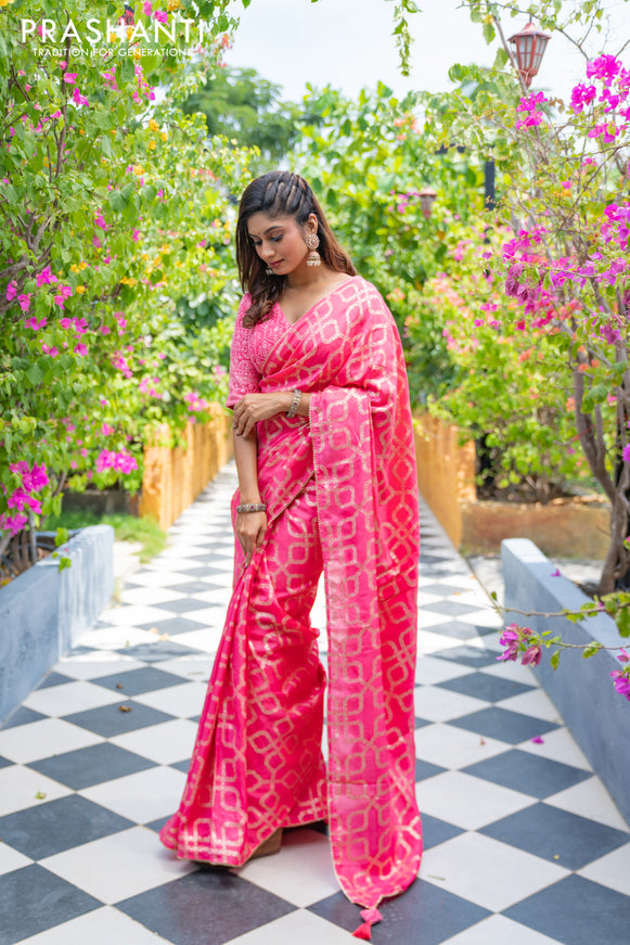 Munga tussar silk saree candy pink with allover banarasi zari weaves and gottapatti lace work border and readymade chikankari work blouse