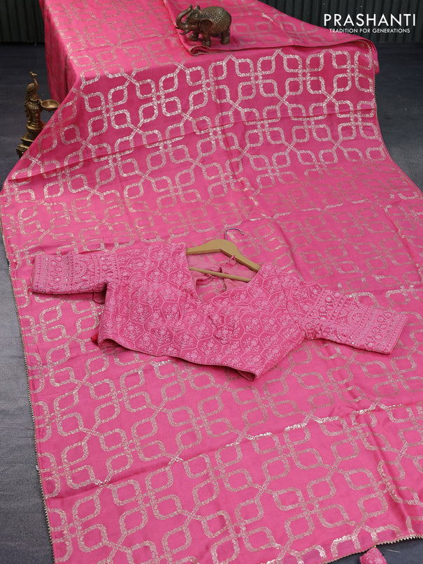 Munga tussar silk saree candy pink with allover banarasi zari weaves and gottapatti lace work border and readymade chikankari work blouse