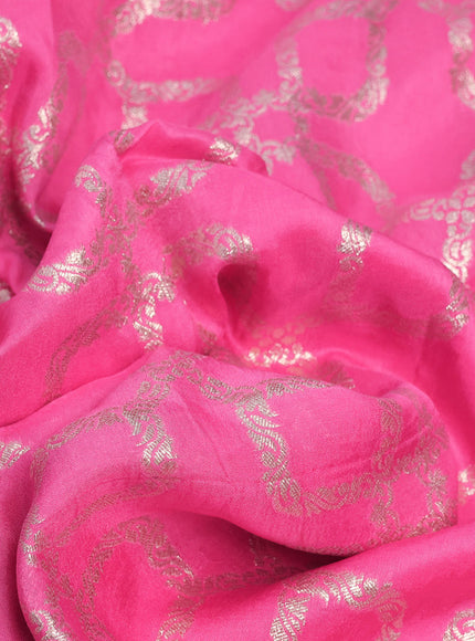 Munga tussar silk saree candy pink with allover banarasi zari weaves and gottapatti lace work border and readymade chikankari work blouse