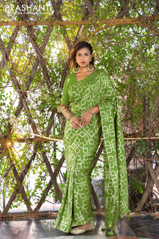 Munga tussar silk saree light green with allover banarasi zari weaves and gottapatti lace work border and readymade chikankari work blouse