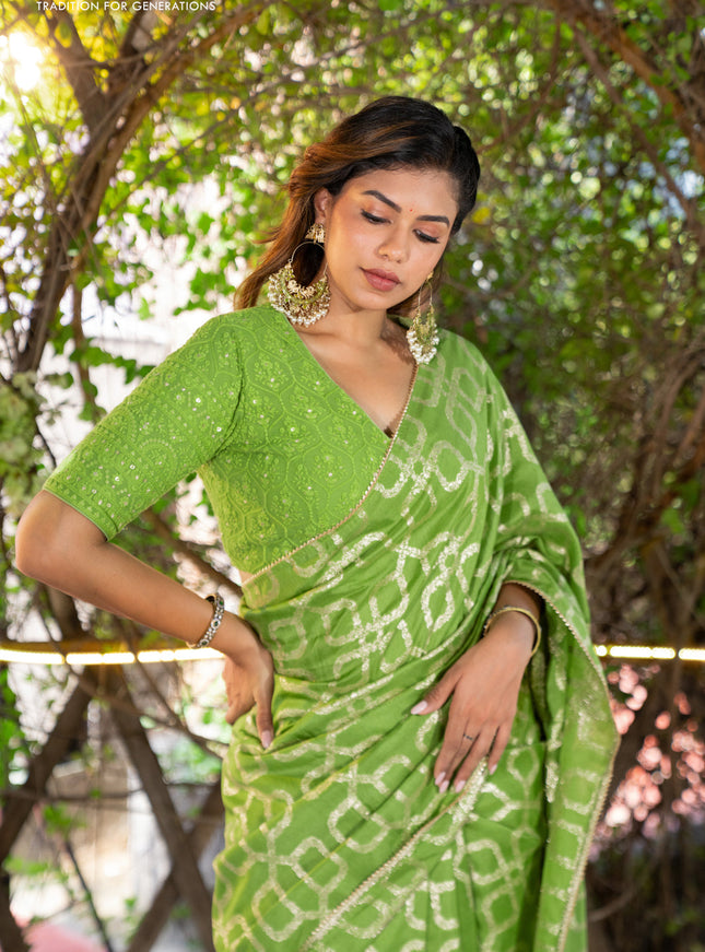 Munga tussar silk saree light green with allover banarasi zari weaves and gottapatti lace work border and readymade chikankari work blouse