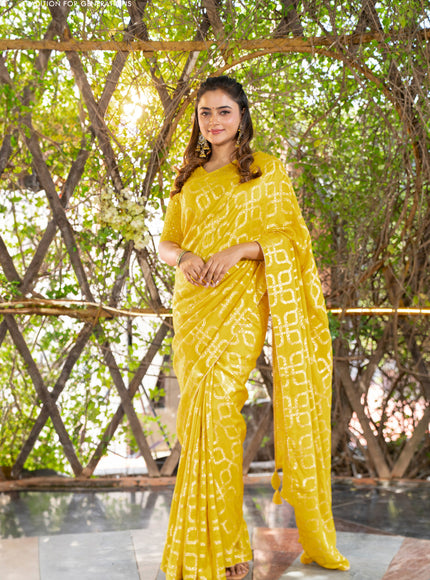 Munga tussar silk saree yellow with allover banarasi zari weaves and gottapatti lace work border and readymade chikankari work blouse