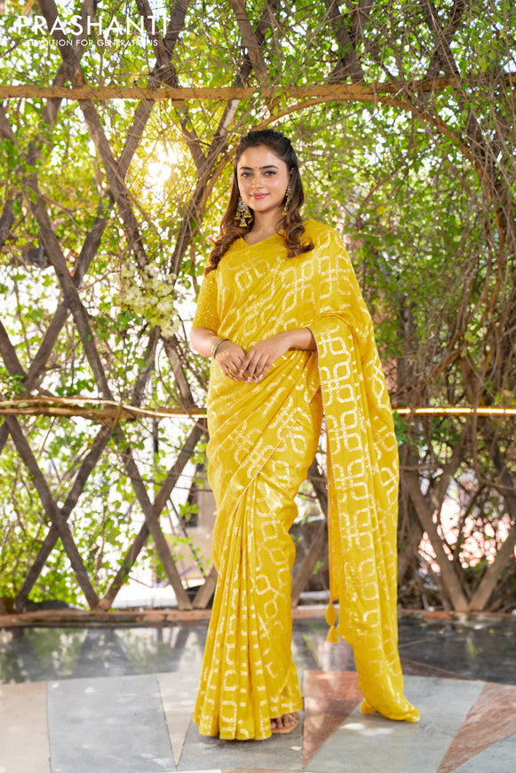 Munga tussar silk saree yellow with allover banarasi zari weaves and gottapatti lace work border and readymade chikankari work blouse