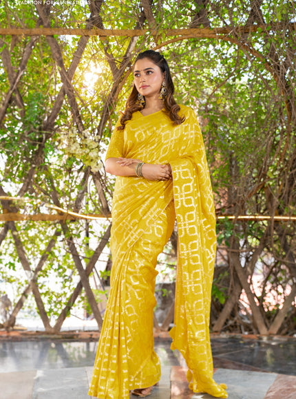 Munga tussar silk saree yellow with allover banarasi zari weaves and gottapatti lace work border and readymade chikankari work blouse