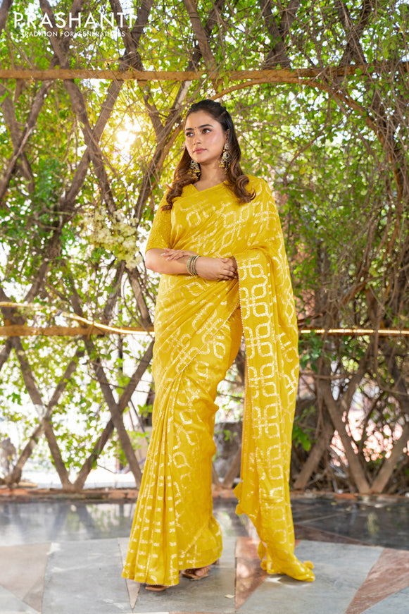 Munga tussar silk saree yellow with allover banarasi zari weaves and gottapatti lace work border and readymade chikankari work blouse