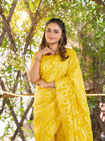 Munga tussar silk saree yellow with allover banarasi zari weaves and gottapatti lace work border and readymade chikankari work blouse