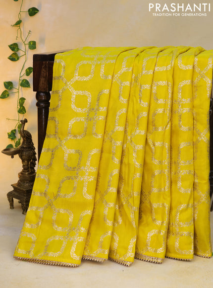 Munga tussar silk saree yellow with allover banarasi zari weaves and gottapatti lace work border and readymade chikankari work blouse