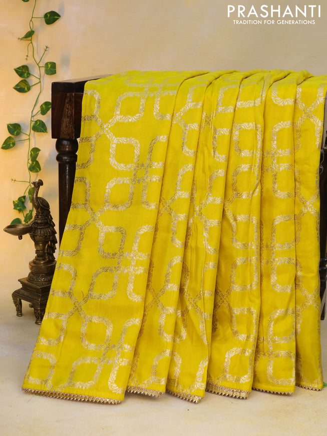 Munga tussar silk saree yellow with allover banarasi zari weaves and gottapatti lace work border and readymade chikankari work blouse