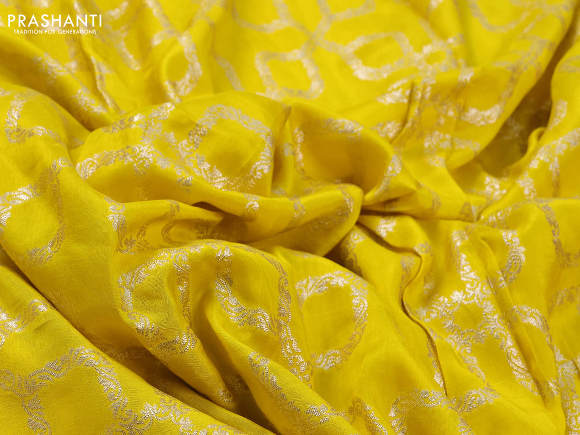 Munga tussar silk saree yellow with allover banarasi zari weaves and gottapatti lace work border and readymade chikankari work blouse