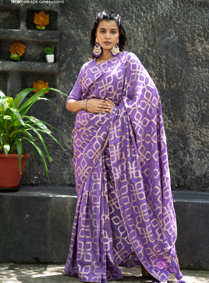 Munga tussar silk saree lavender shade with allover banarasi zari weaves and gottapatti lace work border and readymade chikankari work blouse