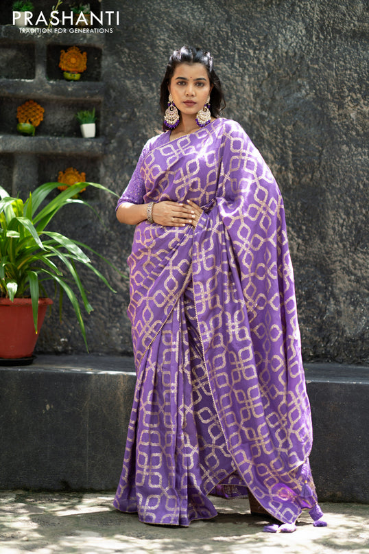 Munga tussar silk saree lavender shade with allover banarasi zari weaves and gottapatti lace work border and readymade chikankari work blouse