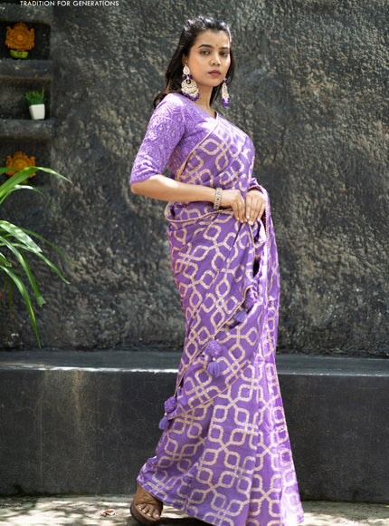 Munga tussar silk saree lavender shade with allover banarasi zari weaves and gottapatti lace work border and readymade chikankari work blouse