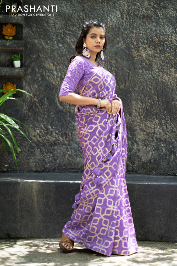 Munga tussar silk saree lavender shade with allover banarasi zari weaves and gottapatti lace work border and readymade chikankari work blouse