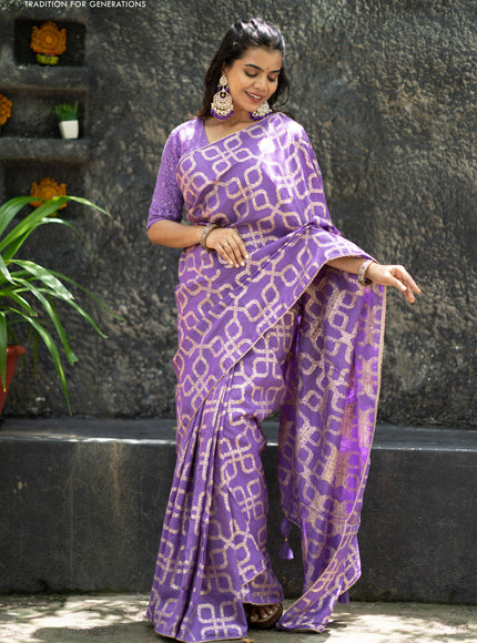 Munga tussar silk saree lavender shade with allover banarasi zari weaves and gottapatti lace work border and readymade chikankari work blouse