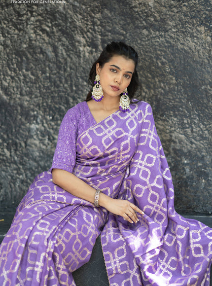 Munga tussar silk saree lavender shade with allover banarasi zari weaves and gottapatti lace work border and readymade chikankari work blouse