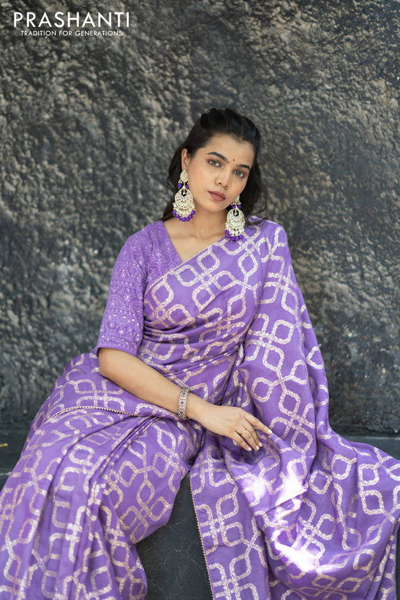 Munga tussar silk saree lavender shade with allover banarasi zari weaves and gottapatti lace work border and readymade chikankari work blouse