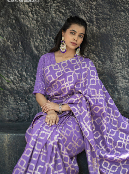 Munga tussar silk saree lavender shade with allover banarasi zari weaves and gottapatti lace work border and readymade chikankari work blouse