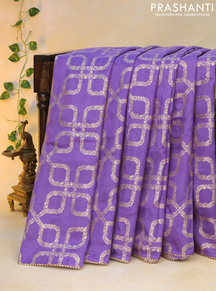 Munga tussar silk saree lavender shade with allover banarasi zari weaves and gottapatti lace work border and readymade chikankari work blouse