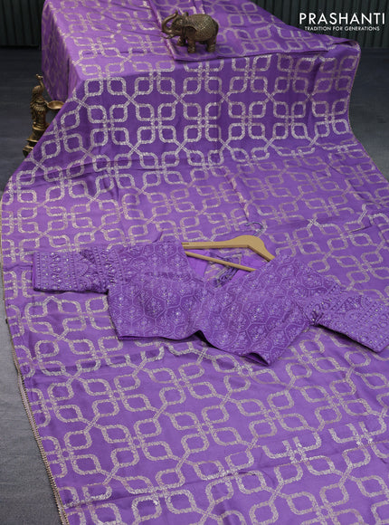 Munga tussar silk saree lavender shade with allover banarasi zari weaves and gottapatti lace work border and readymade chikankari work blouse