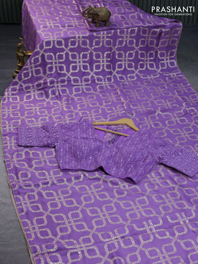 Munga tussar silk saree lavender shade with allover banarasi zari weaves and gottapatti lace work border and readymade chikankari work blouse