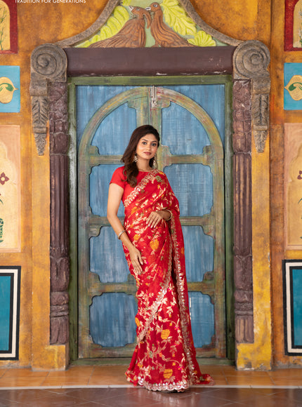 Pure organza silk saree red with allover thread & zari weaves and gottapatti lace & mirror work border