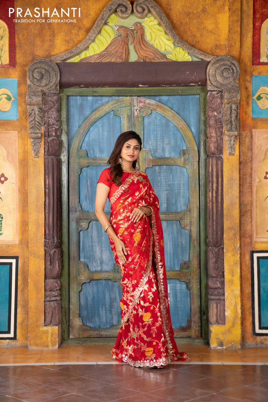 Pure organza silk saree red with allover thread & zari weaves and gottapatti lace & mirror work border