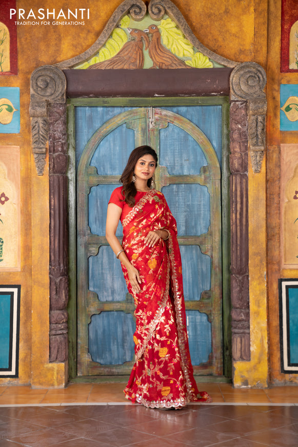 Pure organza silk saree red with allover thread & zari weaves and gottapatti lace & mirror work border