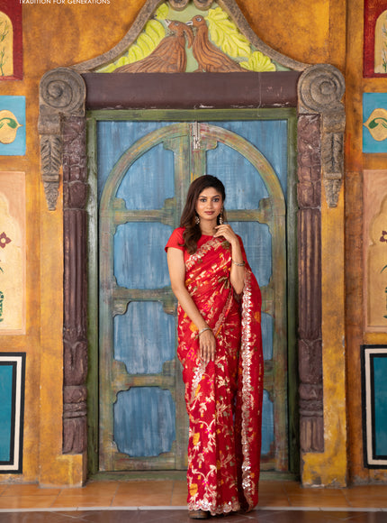 Pure organza silk saree red with allover thread & zari weaves and gottapatti lace & mirror work border