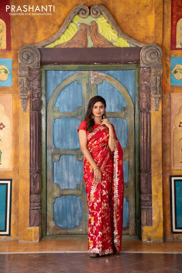 Pure organza silk saree red with allover thread & zari weaves and gottapatti lace & mirror work border