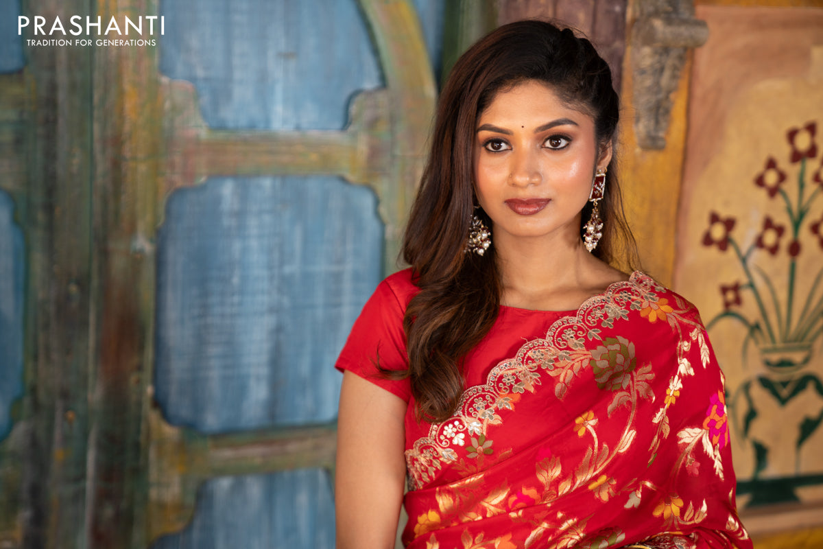 Pure organza silk saree red with allover thread & zari weaves and gottapatti lace & mirror work border