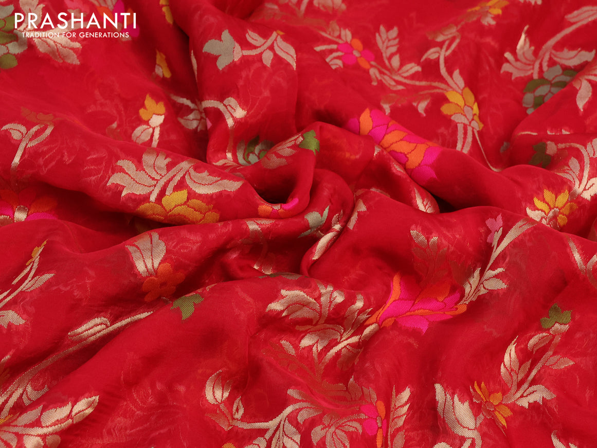 Pure organza silk saree red with allover thread & zari weaves and gottapatti lace & mirror work border