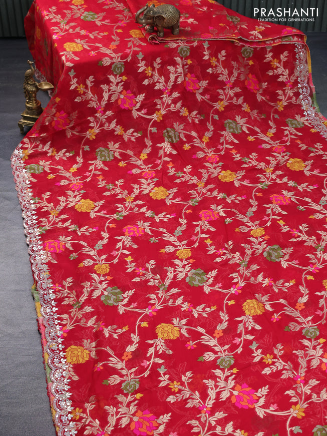 Pure organza silk saree red with allover thread & zari weaves and gottapatti lace & mirror work border