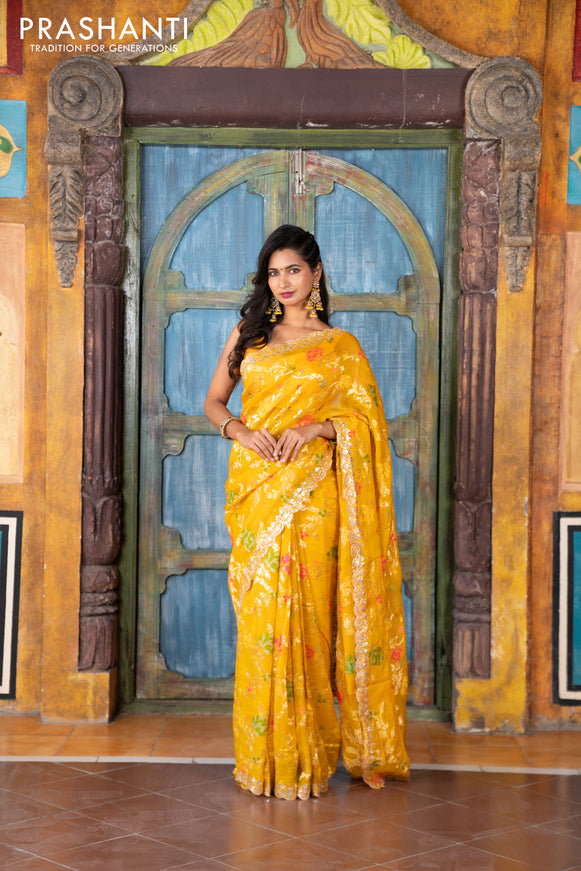 Pure organza silk saree mustard yellow with allover thread & zari weaves and gottapatti lace & mirror work border