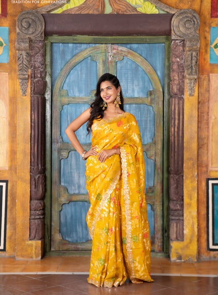 Pure organza silk saree mustard yellow with allover thread & zari weaves and gottapatti lace & mirror work border